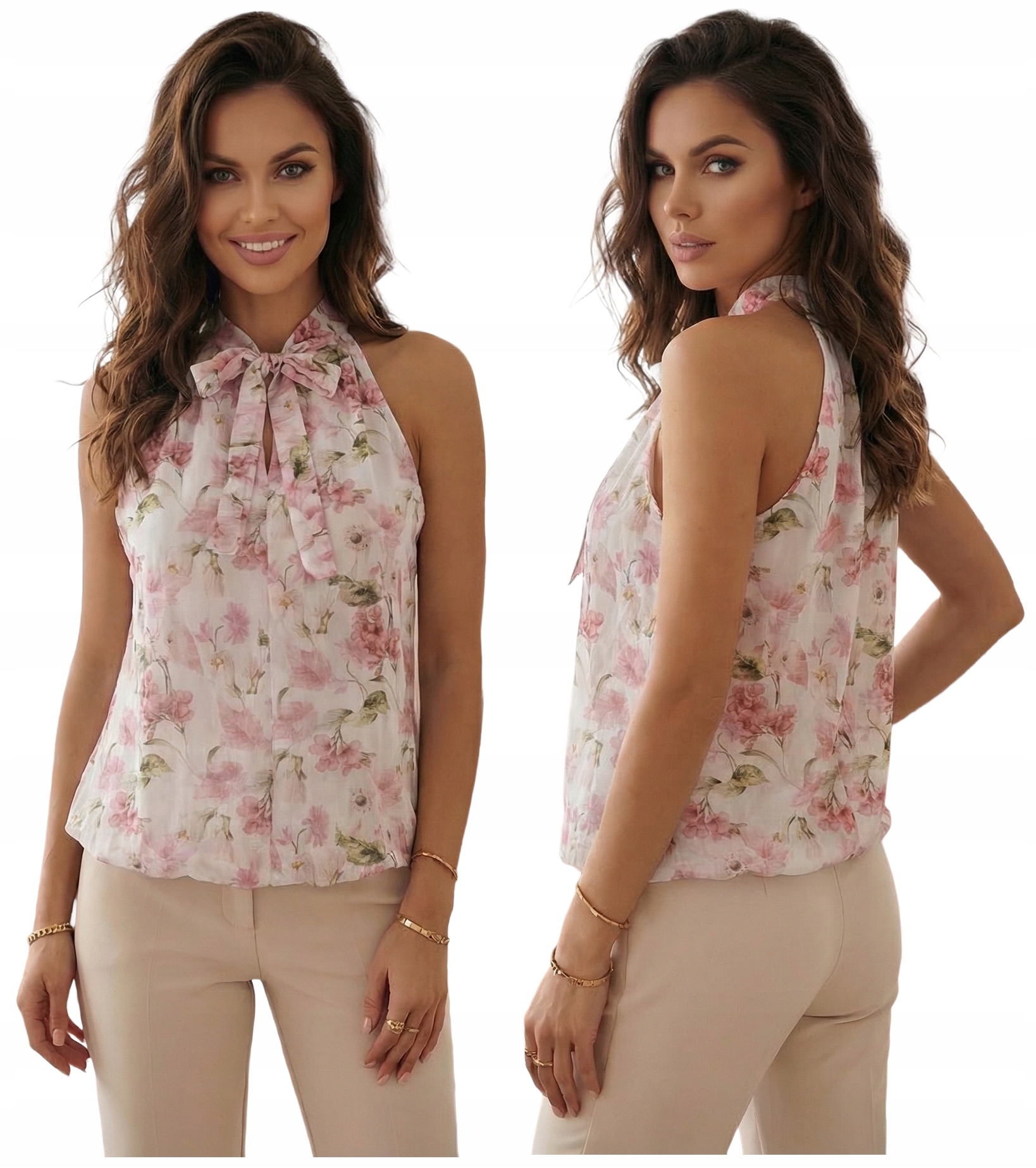 Dámská halenka bez rukávů Top Květiny Vázaná Mašle Podšívka Premium Boho