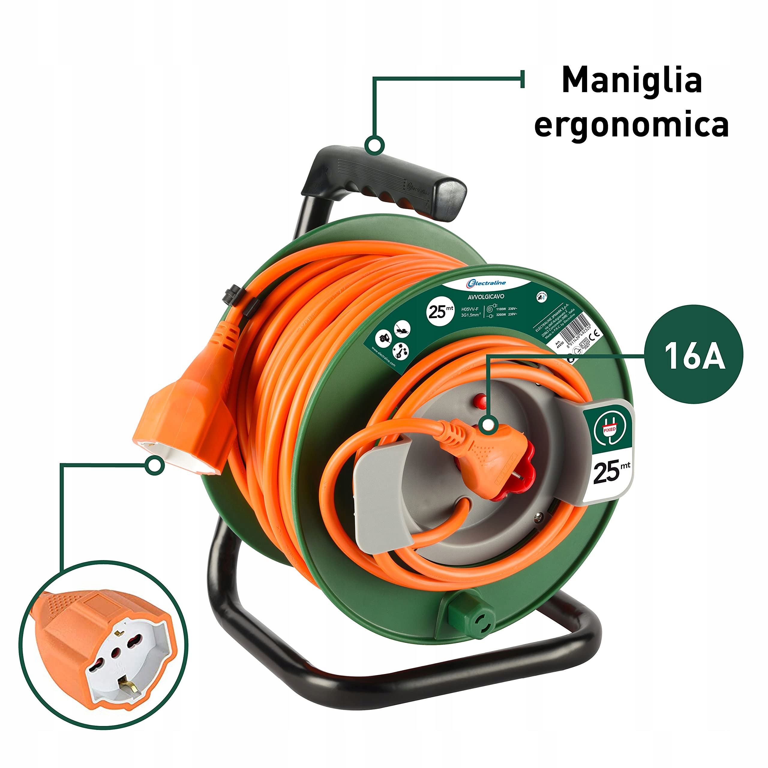 ELECTRALINE 25m Kabel Bębnowy z Uniwersalnym Gniazdem do Ogrodu — miniatura 2