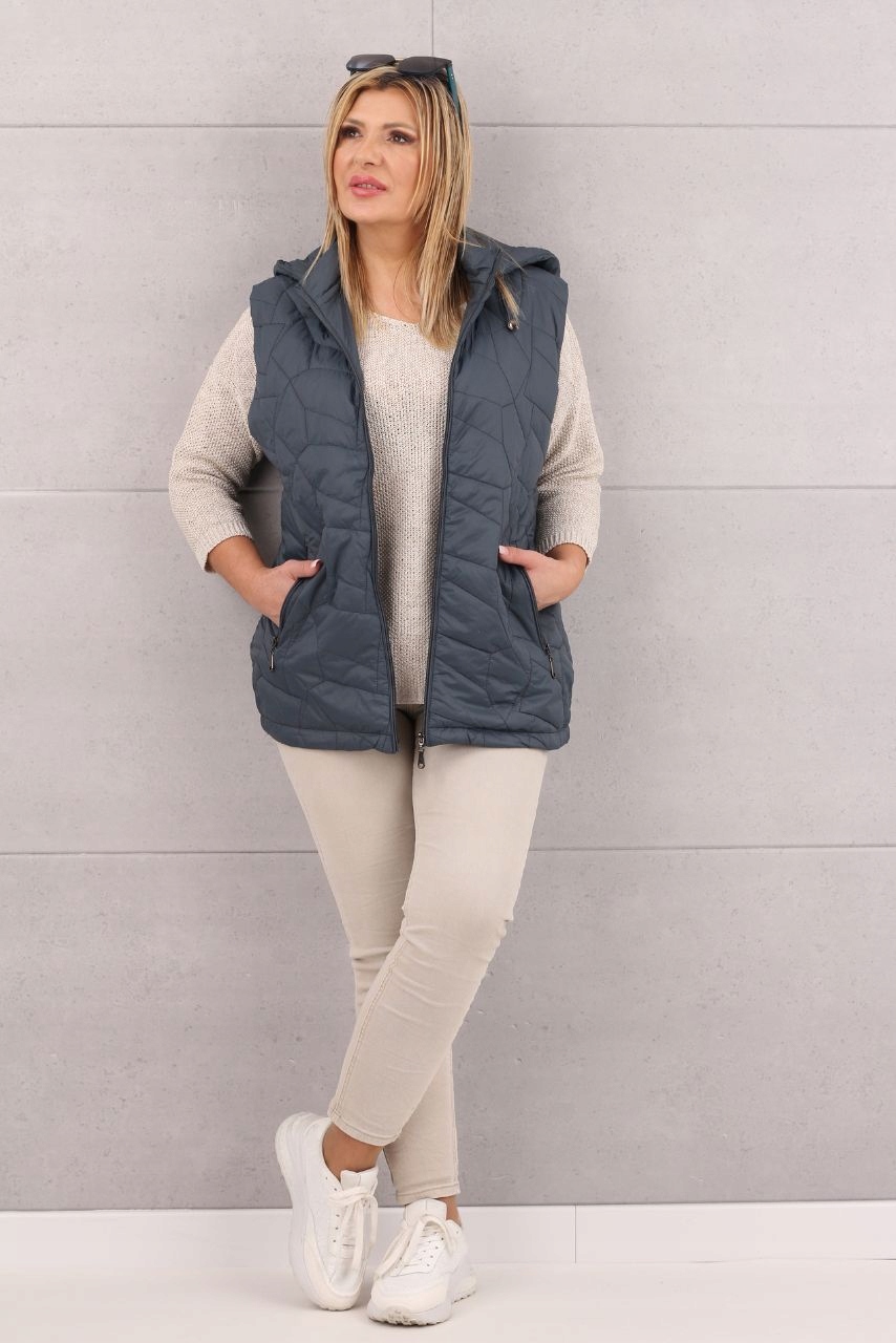 KAMIZELKA PIKOWANA DŁUGA Z KAPTUREM DAMSKA MODNY BEZREKAWNIK ROZMIARY Odcień granatowy