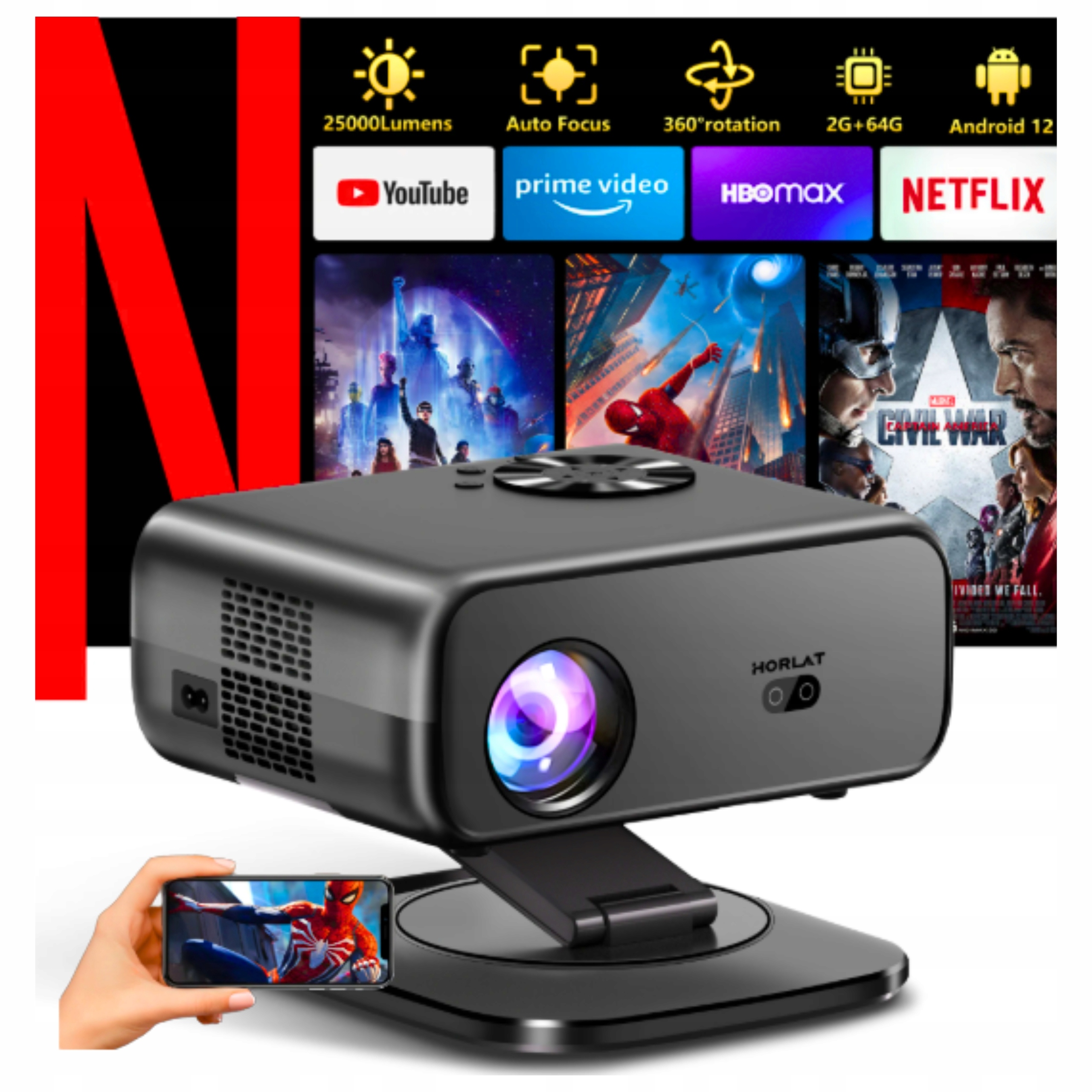 Projektor Rzutnik Przenośny Horlat Full Hd 4K Obrotowy Kino Biwak+e-book