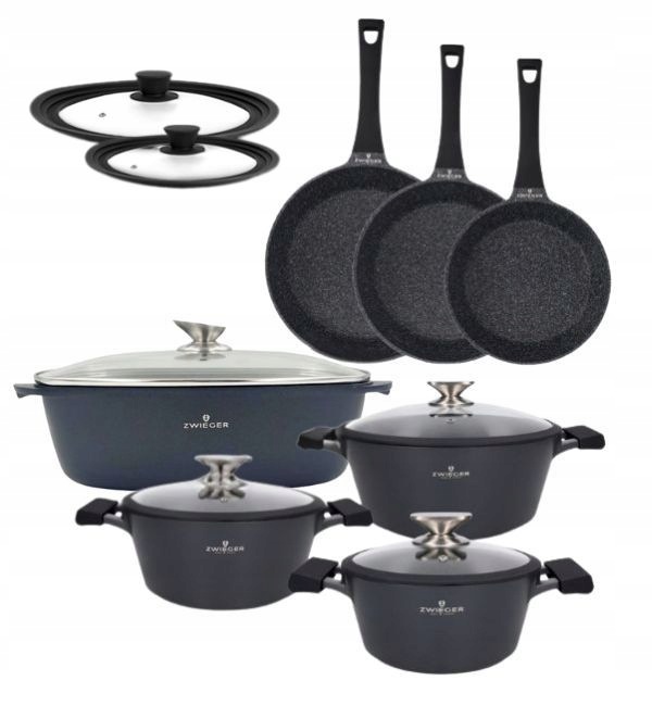 Zwieger Black Stone Komplet 3 Garnki +3 Patelnie +brytfanna Veron +pokrywki