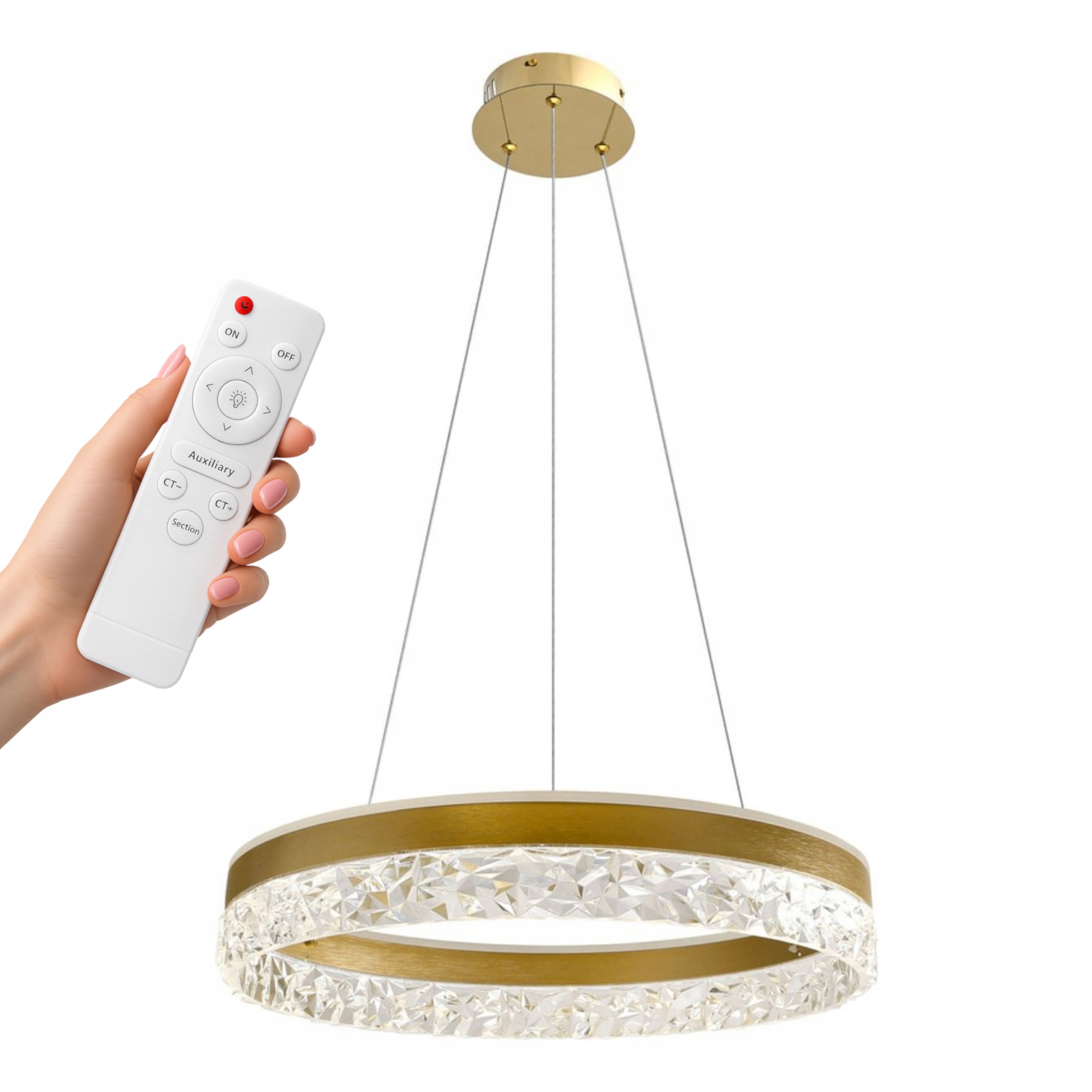 Závěsné Stropní Svítidlo Zlatý Křišťálový Lustr Ring 50 CM Glamour Dálkový Ovladač