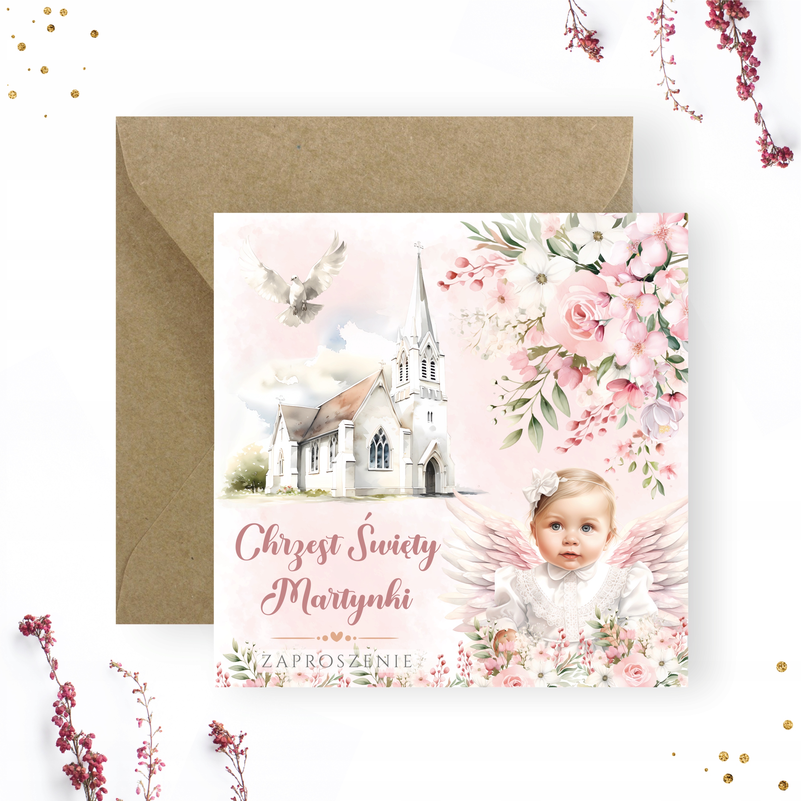 ZAPROSZENIA NA CHRZEST DLA DZIEWCZYNKI + IMIĘ + KOPERTA ANIOŁEK DZIDZIUŚ Rodzaj chrzest