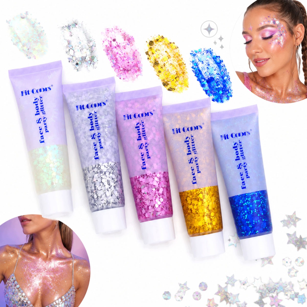 5 Sada Gel s brokátovým hologramem na obličej 50 ml pro plesy a večírky