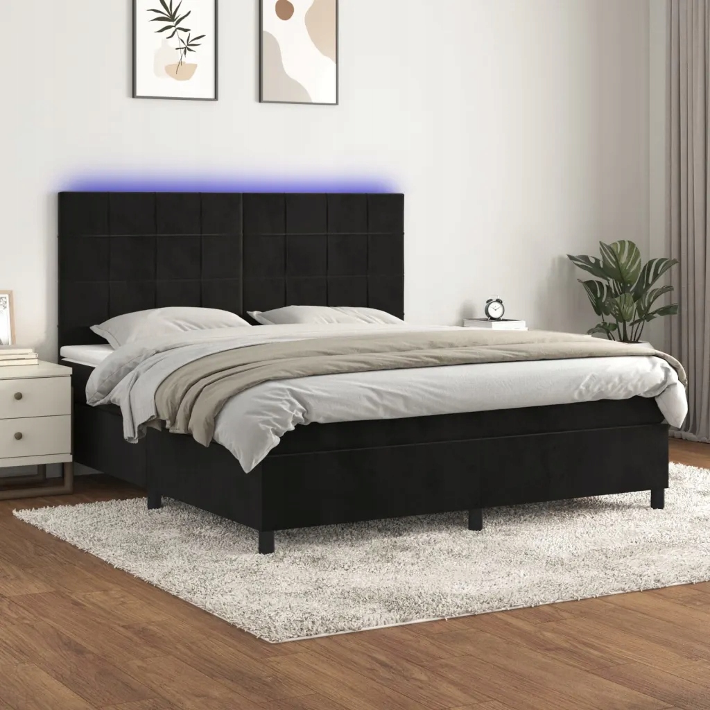 Box spring postel s matrací a Led černá 180x200 cm samet Černý 3136139