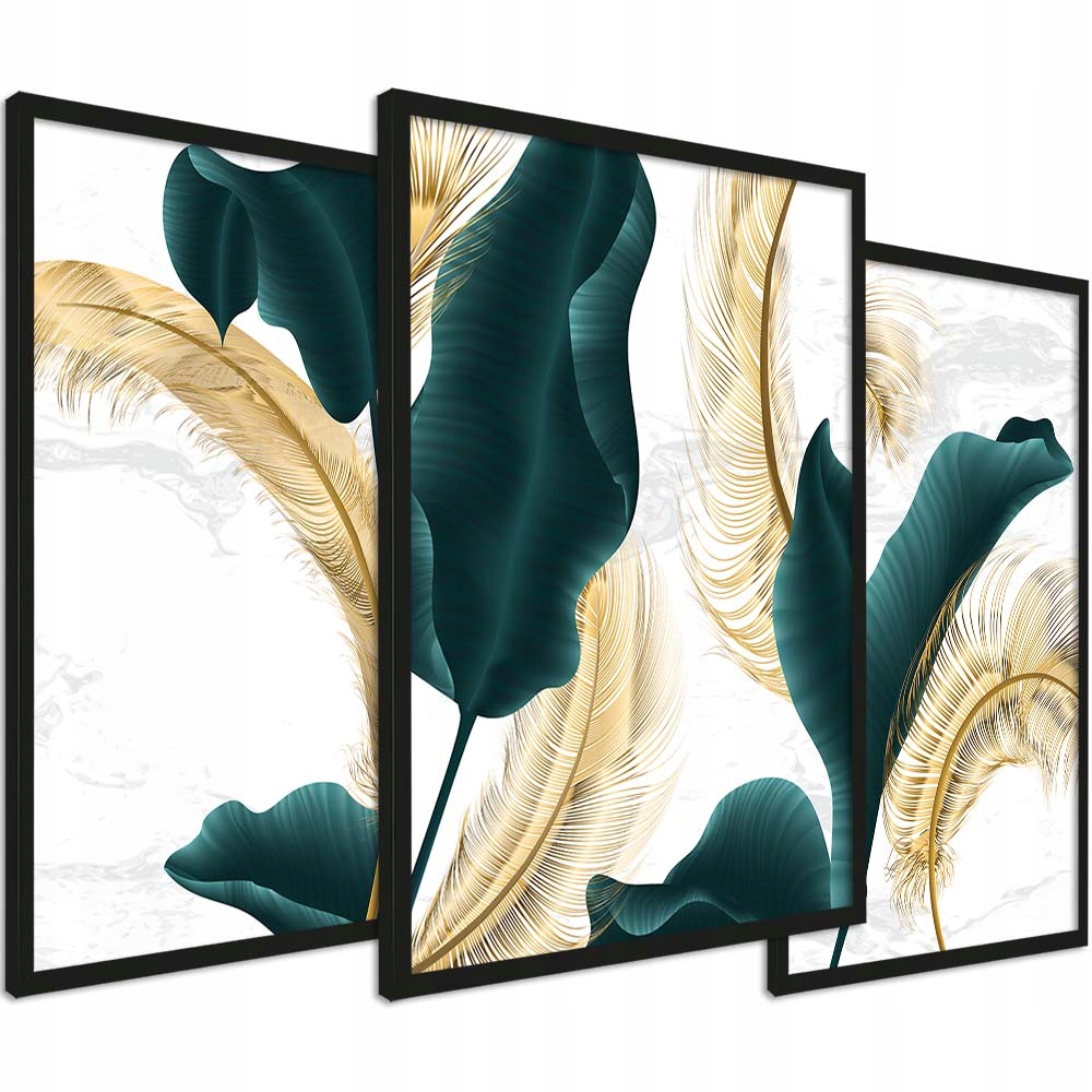 Obraz w ramie nowoczesne do salonu 3 szt 30x40 cm złoto zielone kwiaty liść
