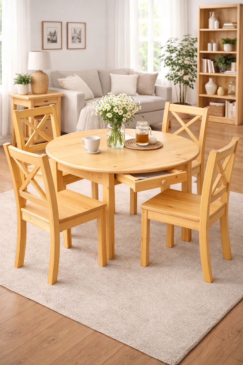 Dřevěný Borovicový Stůl Kulatý Se Zásuvkou 110 Do Kuchyně Obývacího Pokoje Borovice