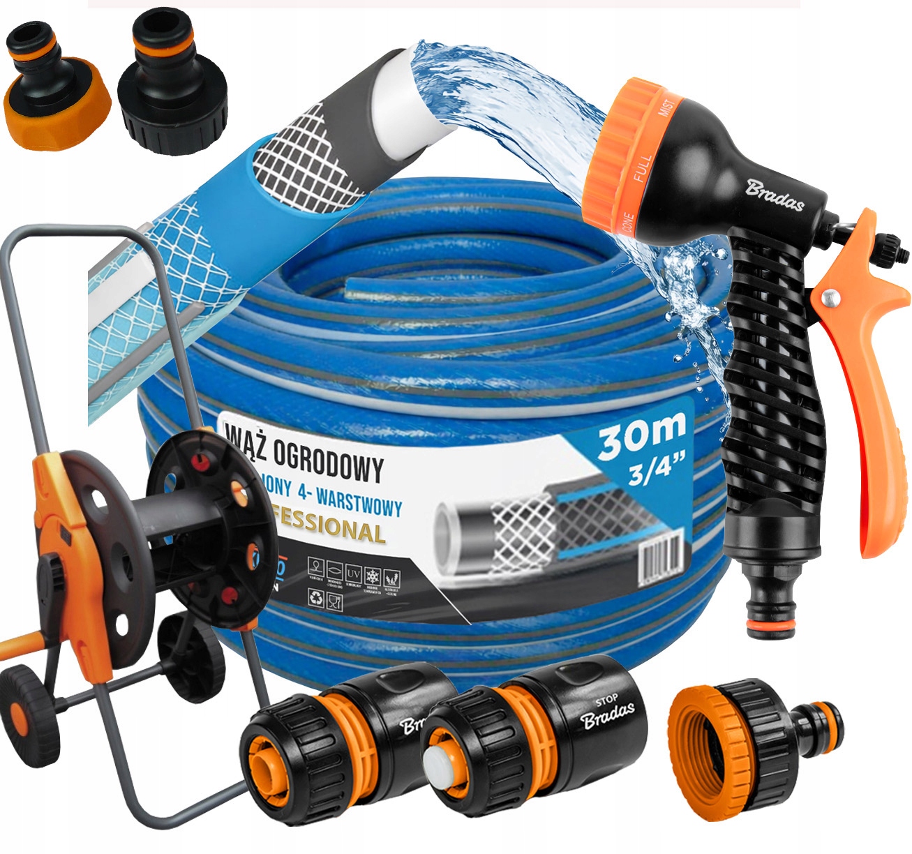 Gumová Záhradná Hadica 3/4" 30 m 6 Vrstiev Pištoľ Kočík Sada Bradas 36 Bar