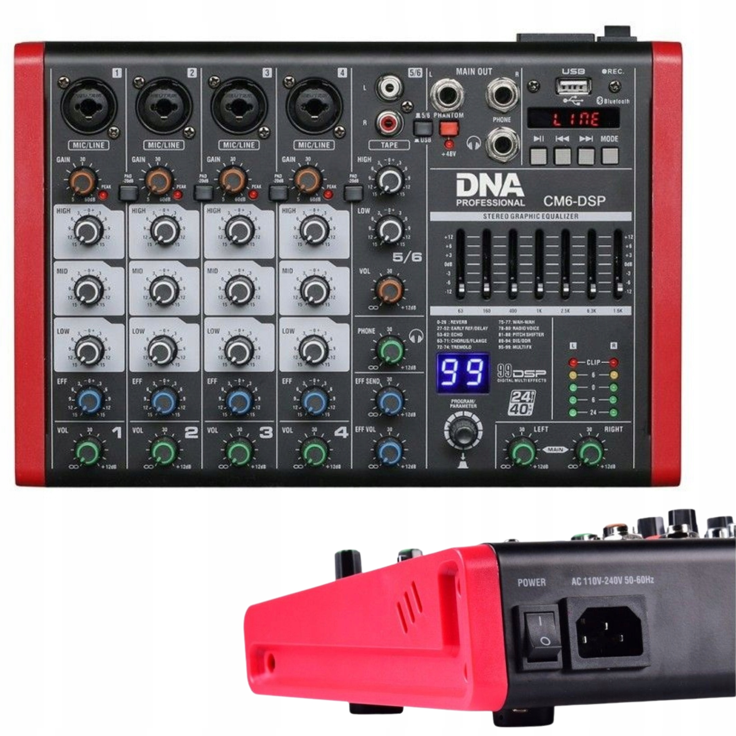 Dna CM6-DSP Analogový Audio Mixážní Pult Ekvalizér Usb MP3 Efekty Bluetooth Fantom