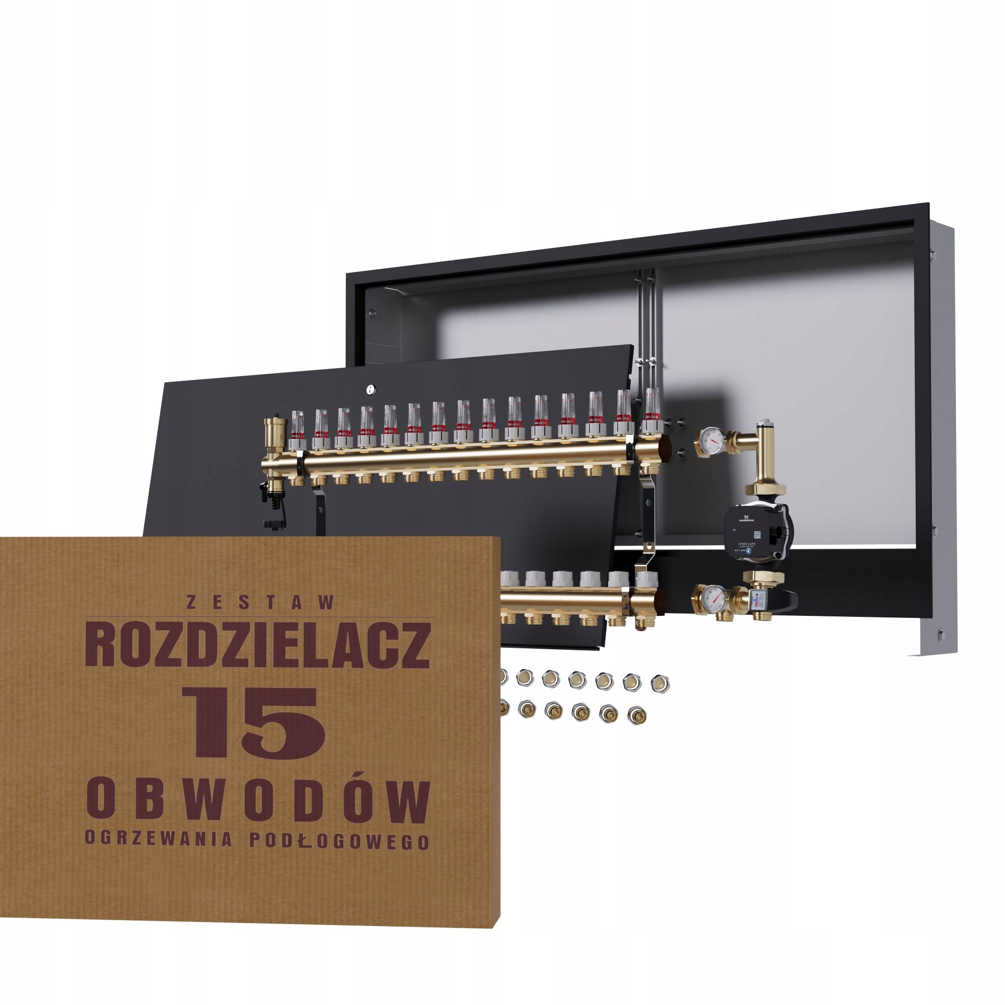 Rozdělovač pro podlahu 15 čerpadlo Grundfos podomítková skříňka černá +pex