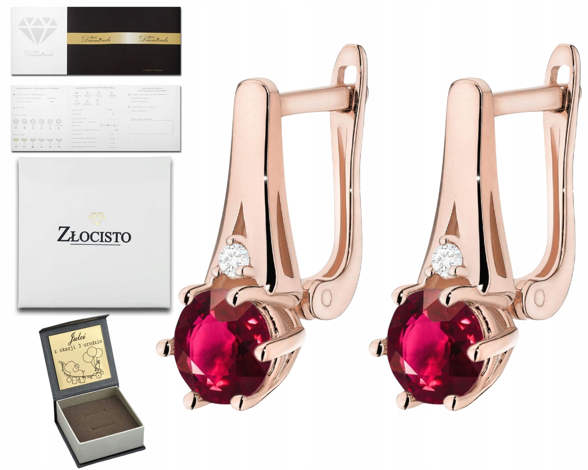 Růžové Zlato Náušnice Anglické Zapínání Rubíny Brilianty Diamanty