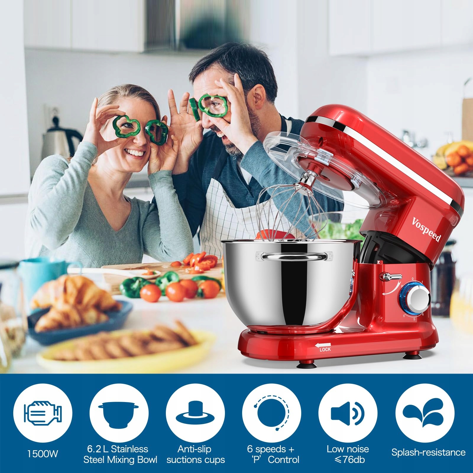 VOSPEED Mikser Kuchenny 1500W 6 Prędkości 6.2L Misa Czerwony — miniatura 7