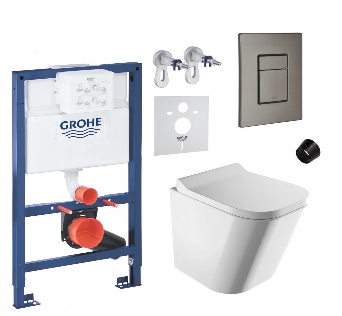 7v1 Podomietkový Wc set, rošt Grohe 82 cm, Wc miska Rim Omnires tlačidlo