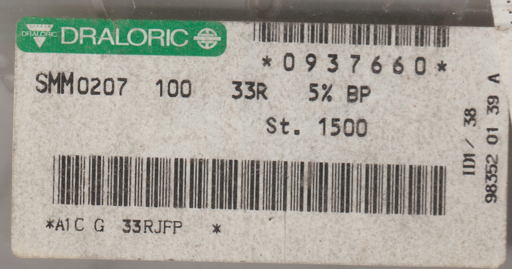 [20szt] 33R 5% 100ppm 1W rezystor Smd melf SMM0207 Draloric low noise