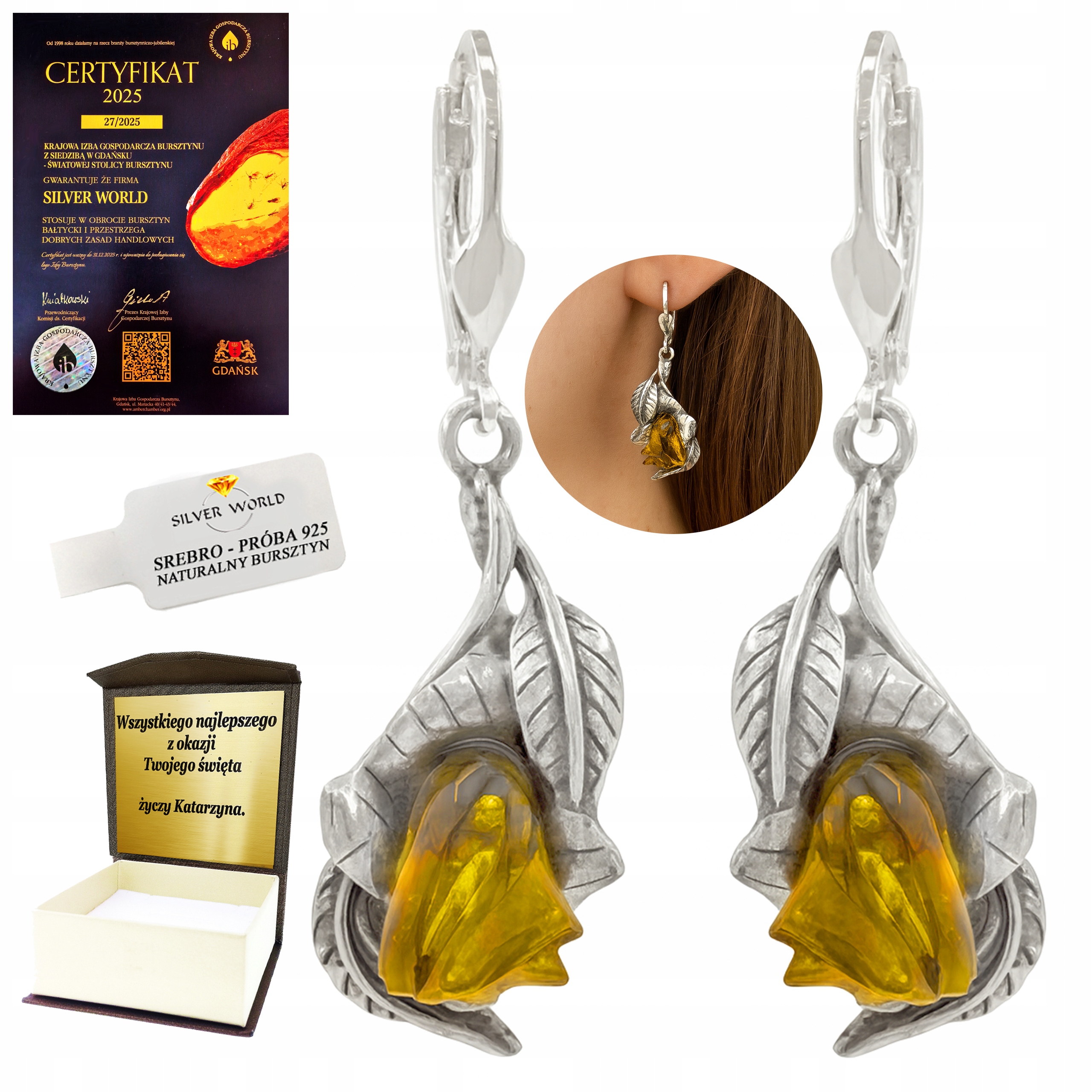 Stříbrné Náušnice S Jantarem, Závěsné, Vyřezávané Růže Gravírování Bonus KW10