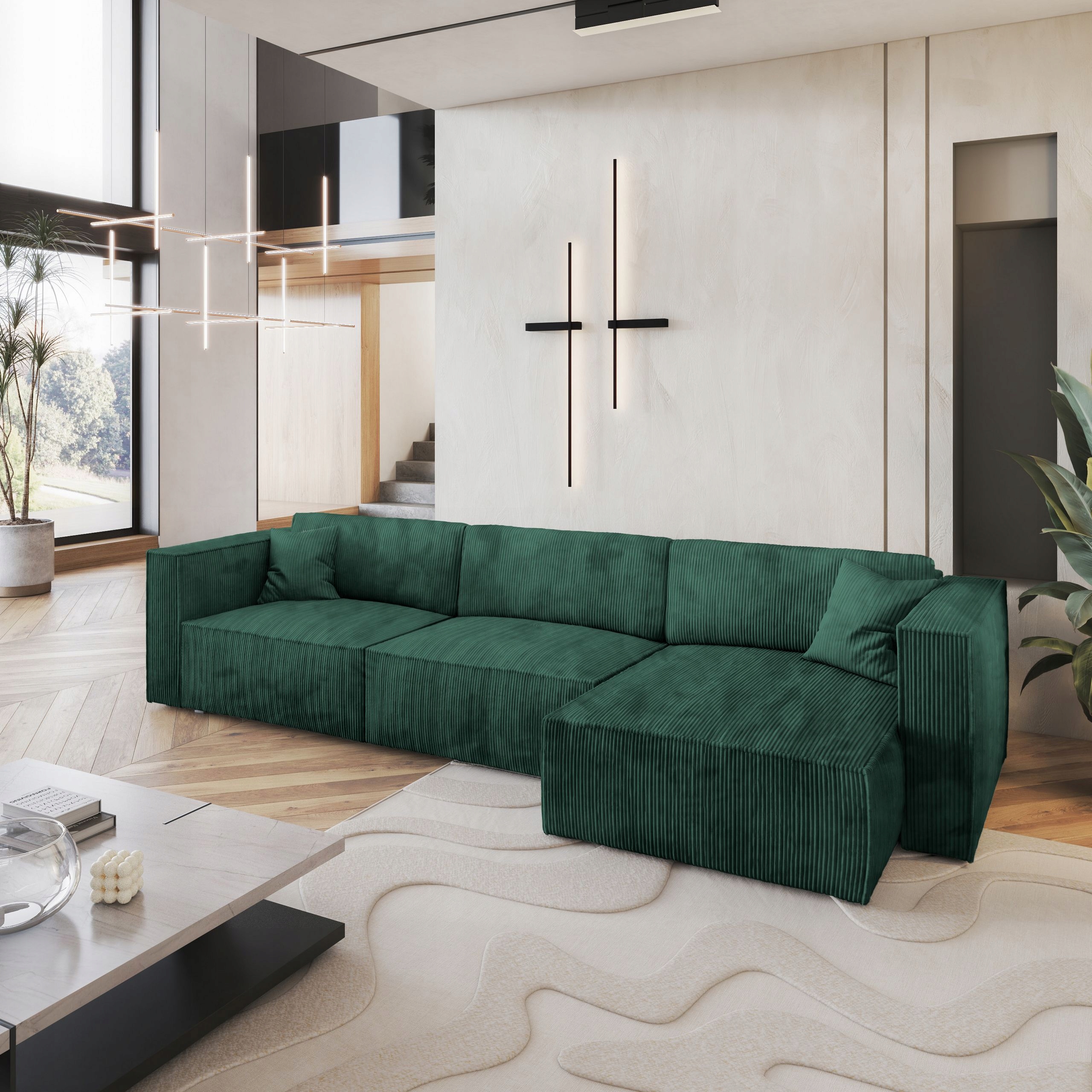 Rohová Sedací Souprava Tolmo Funkce Spaní Glamour Sztruks Lahvově zelená barva