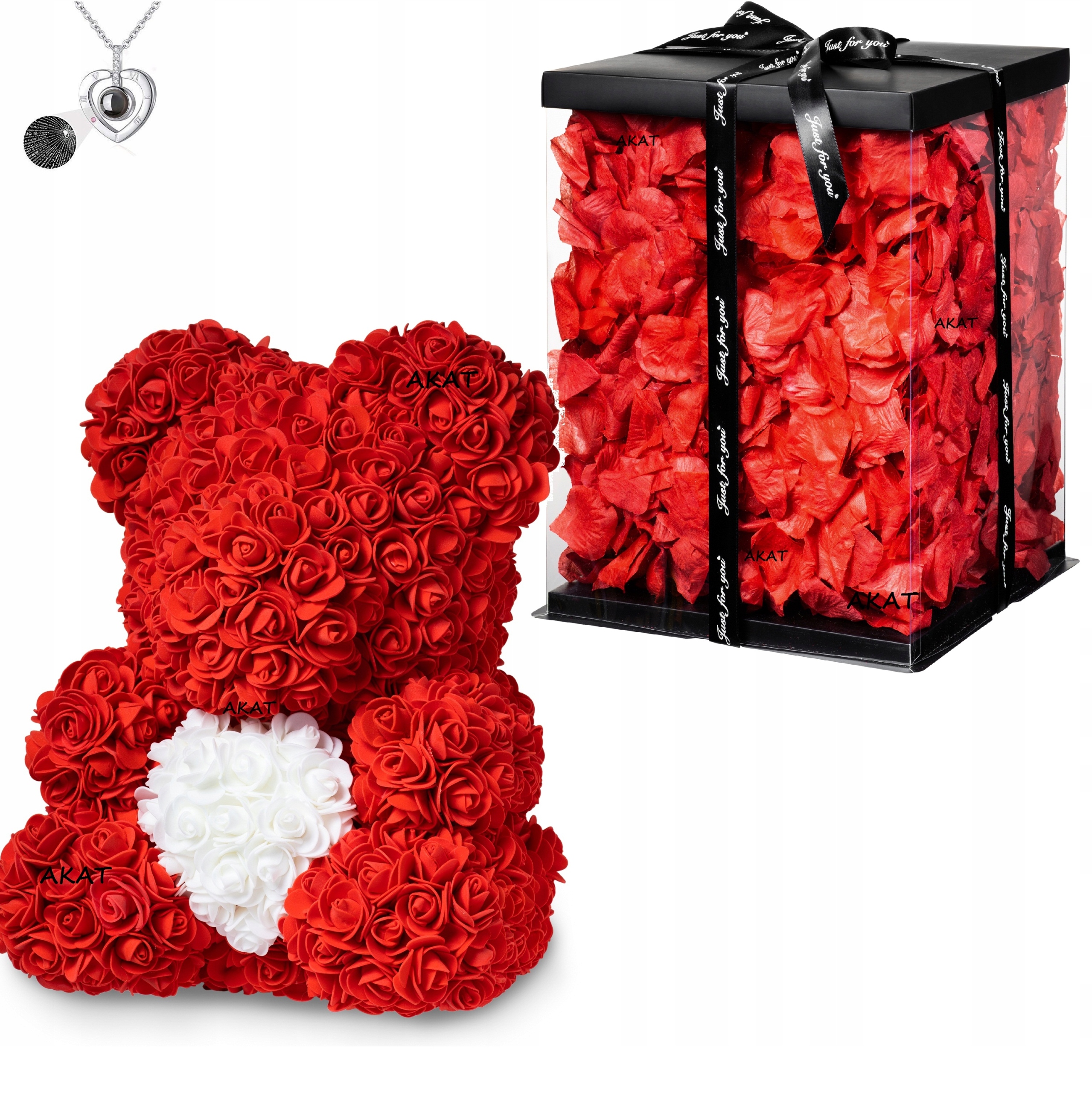 MIŚ z RÓŻ CZERWONY Z BIAŁYM SERCEM + Płatki +