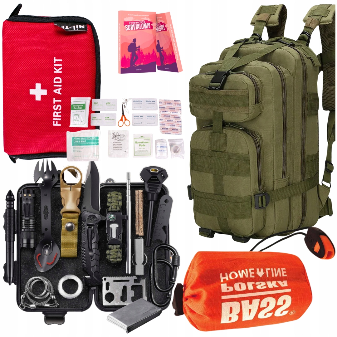 Plecak Militarny Zestaw Survival Śpiwór Apteczka Czerwona 21el
