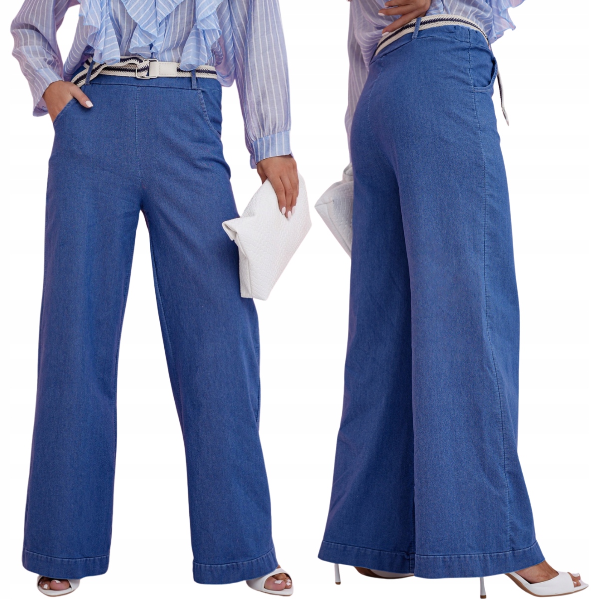 Dámské džínové kalhoty wide leg s páskem a širokou nohavicí 63016 L/XL
