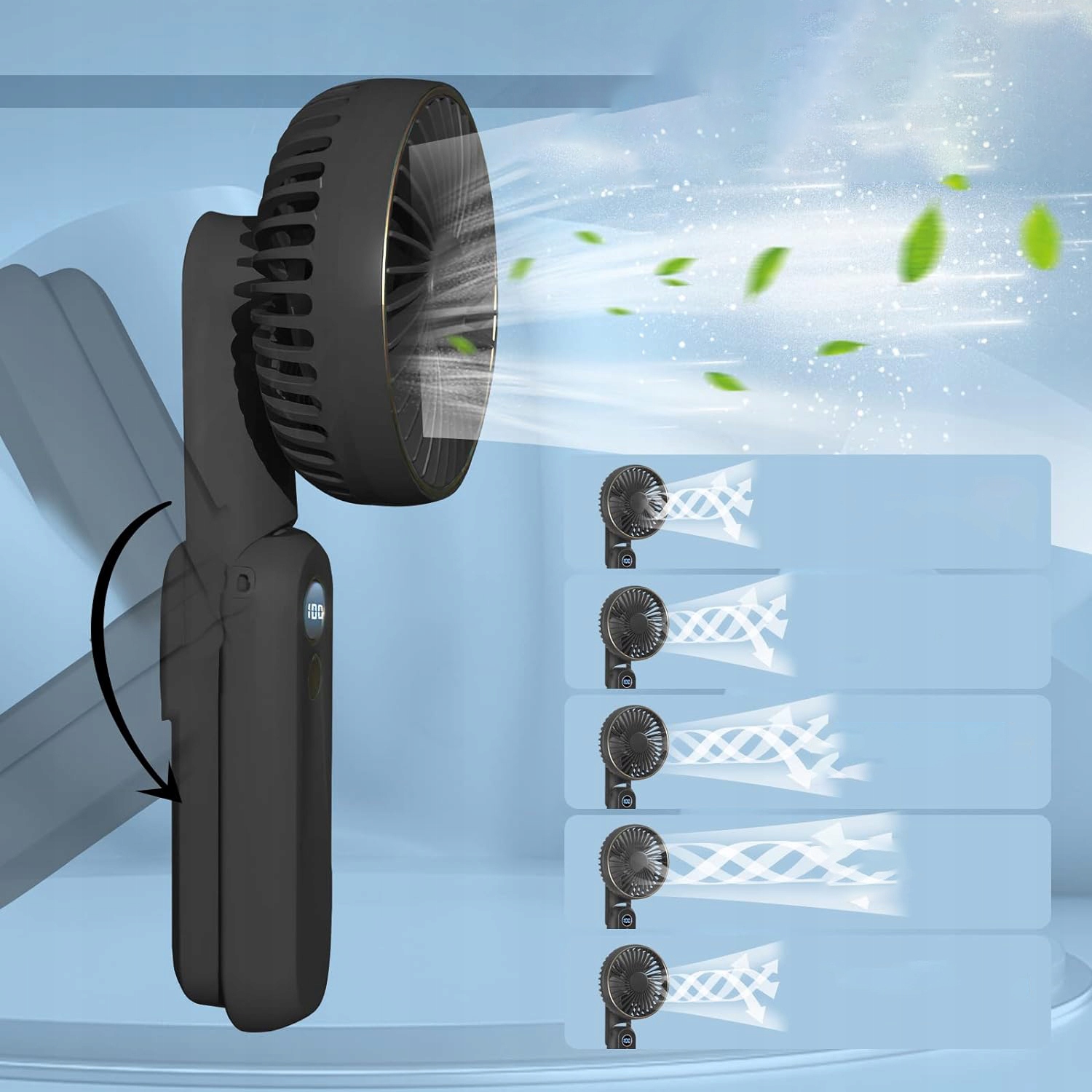 WENTYLATOR RĘCZNY MINI SKŁADANY 5 PRĘDKOŚCI NAWIEWU I 180° PRZENOŚNY CZARNY Marka Bedee