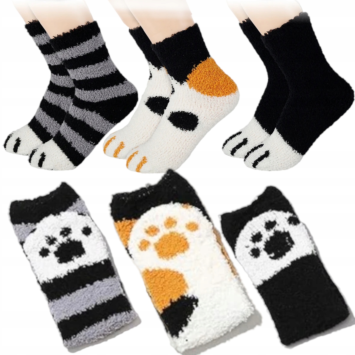 GRUBE SKARPETY DAMSKIE CIEPŁE PUSZYSTE SKARPETKI KOCIE ŁAPKI KOTA 6 par łap Zestaw nie