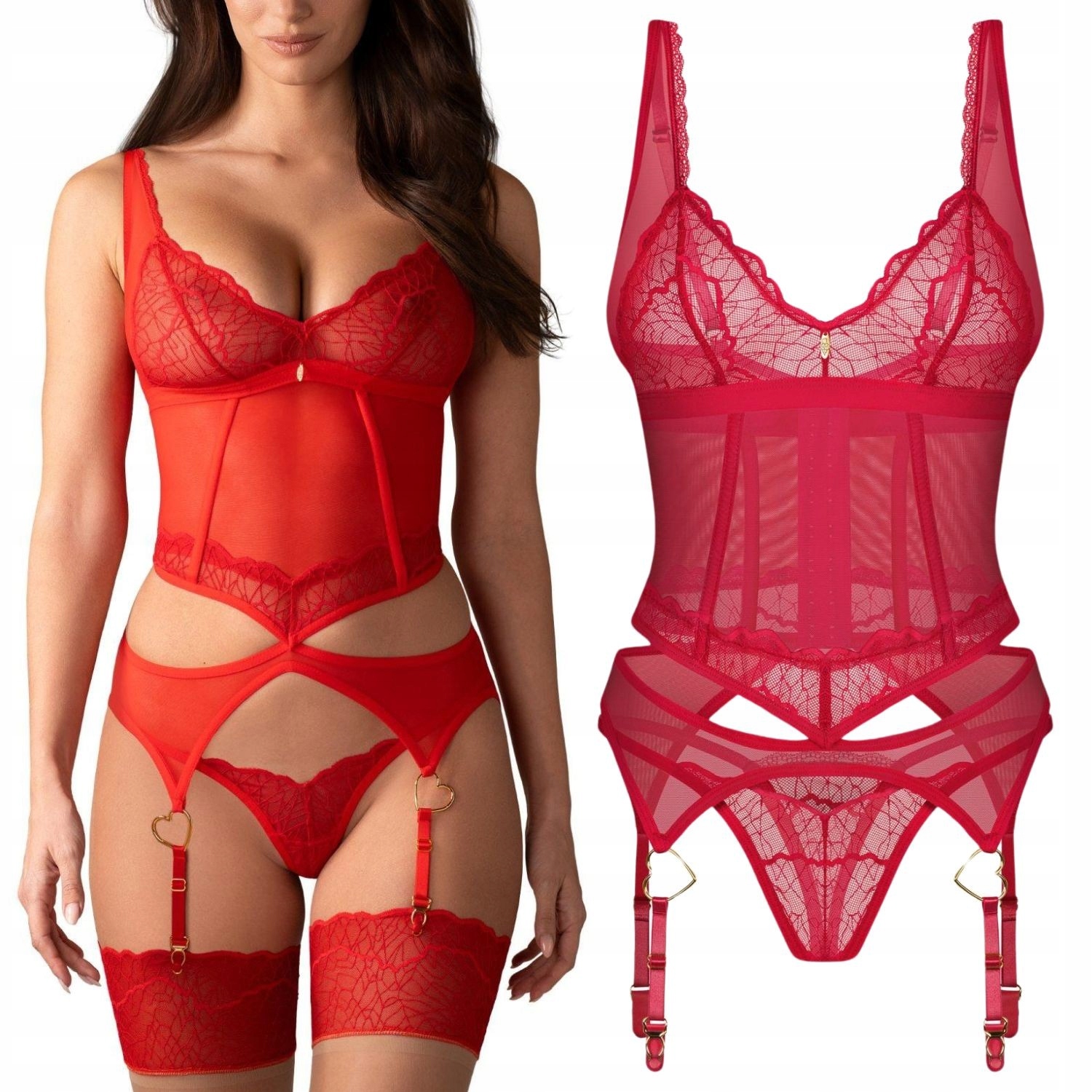 Korzet a tanga Cupide Desir Červená Krajka L/XL Obsessive