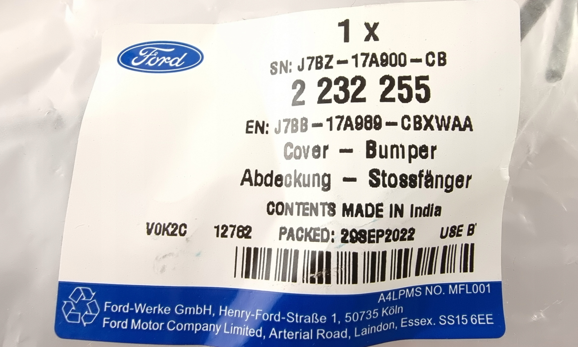 ZAŚLEPKA HAKA PRZÓD FORD KA 16- FORD OE _ 2232255 Wersja Europejska