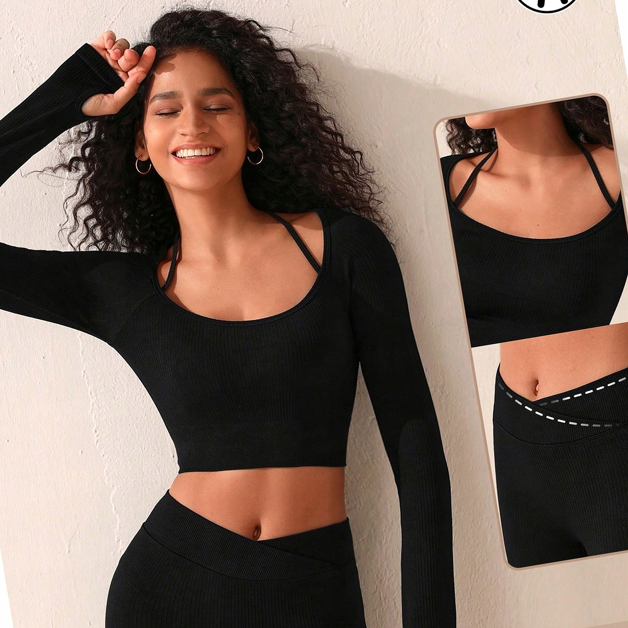 Komplet Damski Aktywny Czarny Dopasowany Z Szortami Treningowy Top S 36