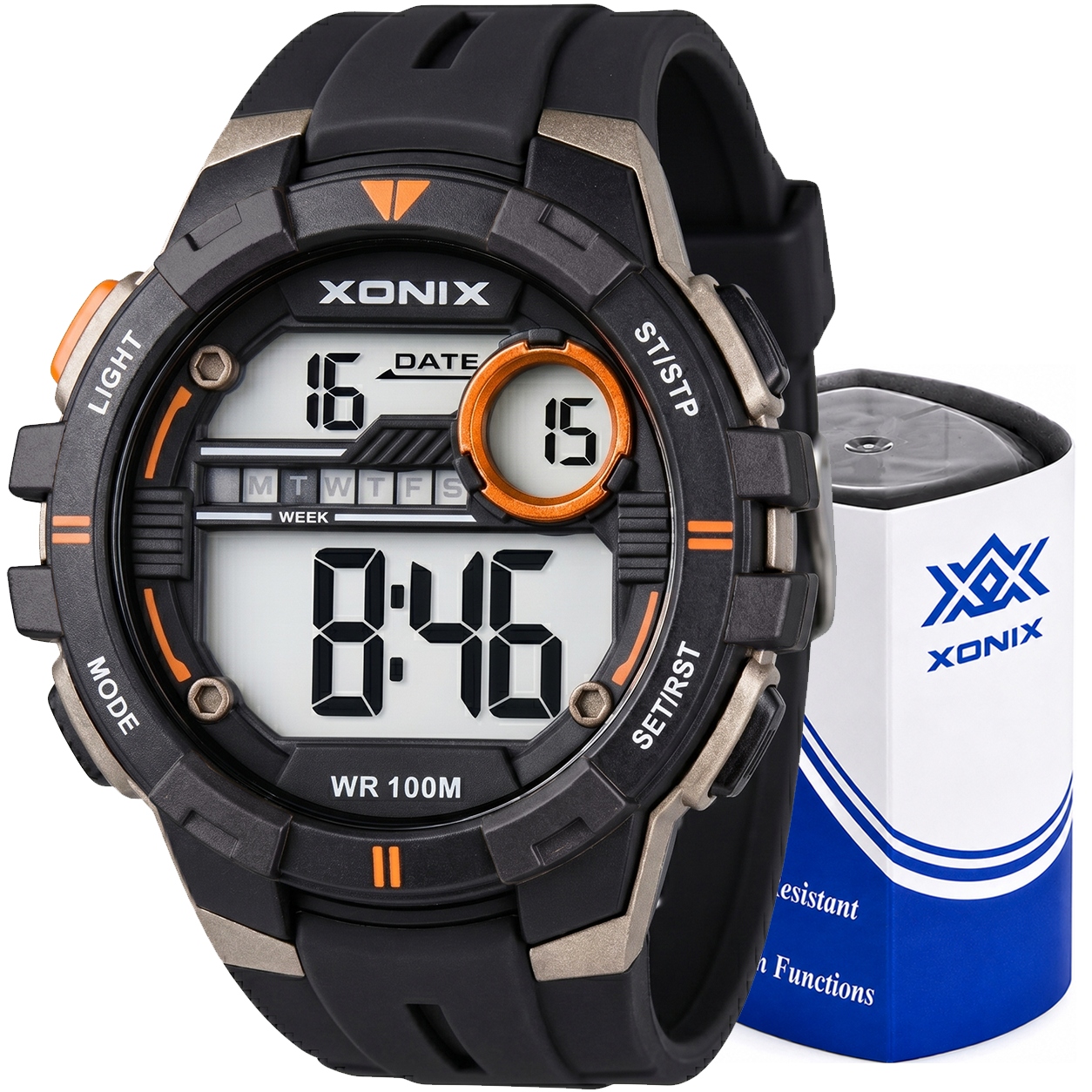 Hodinky Xonix digitální sportovní 10 Atm alarm časovač černý grafit velký Č. A04