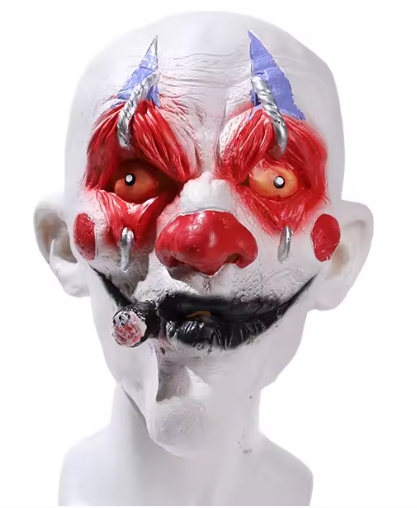 LATEKSOWA MASKA STRASZNY ŁYSY KLAUN Z CYGAREM HALLOWEEN PRZEBRANIE