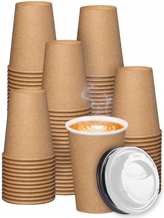 DUŻE KUBKI PAPIEROWE DO KAWY + WIECZKA SZCZELNE JEDNORAZOWE 400ml KRAFT
