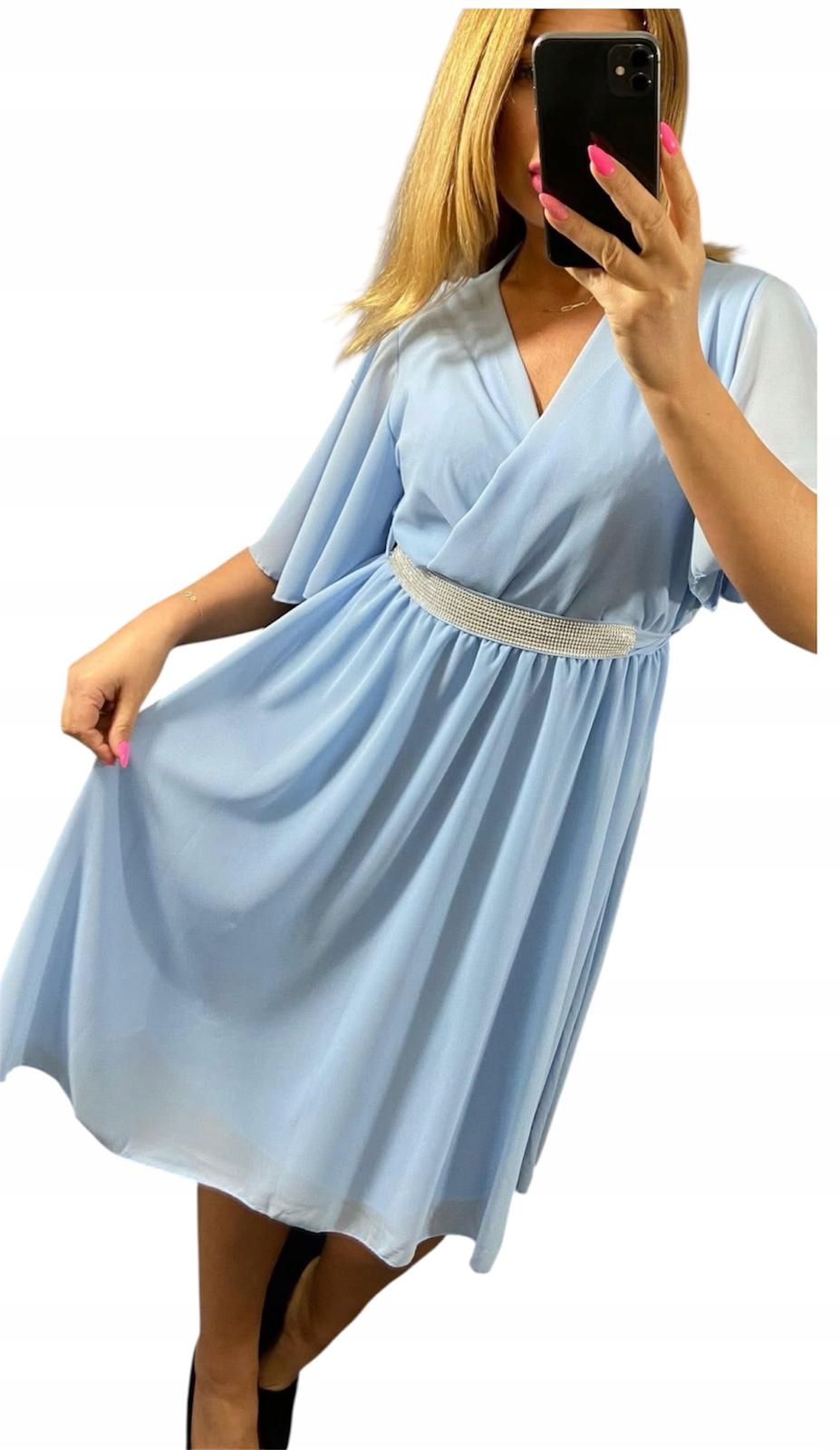 V740 Elegantní Šaty Perla S Ozdobným Páskem Modrá vel. 42 (XL)