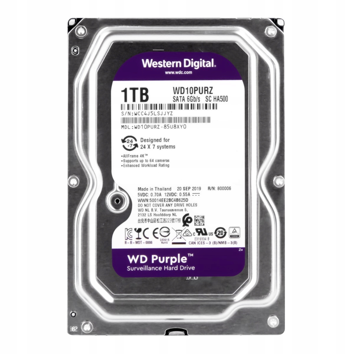 Wd Purple 1TB 5.4K 64MB Sata III 3.5'' WD10PURZ Sc HA500