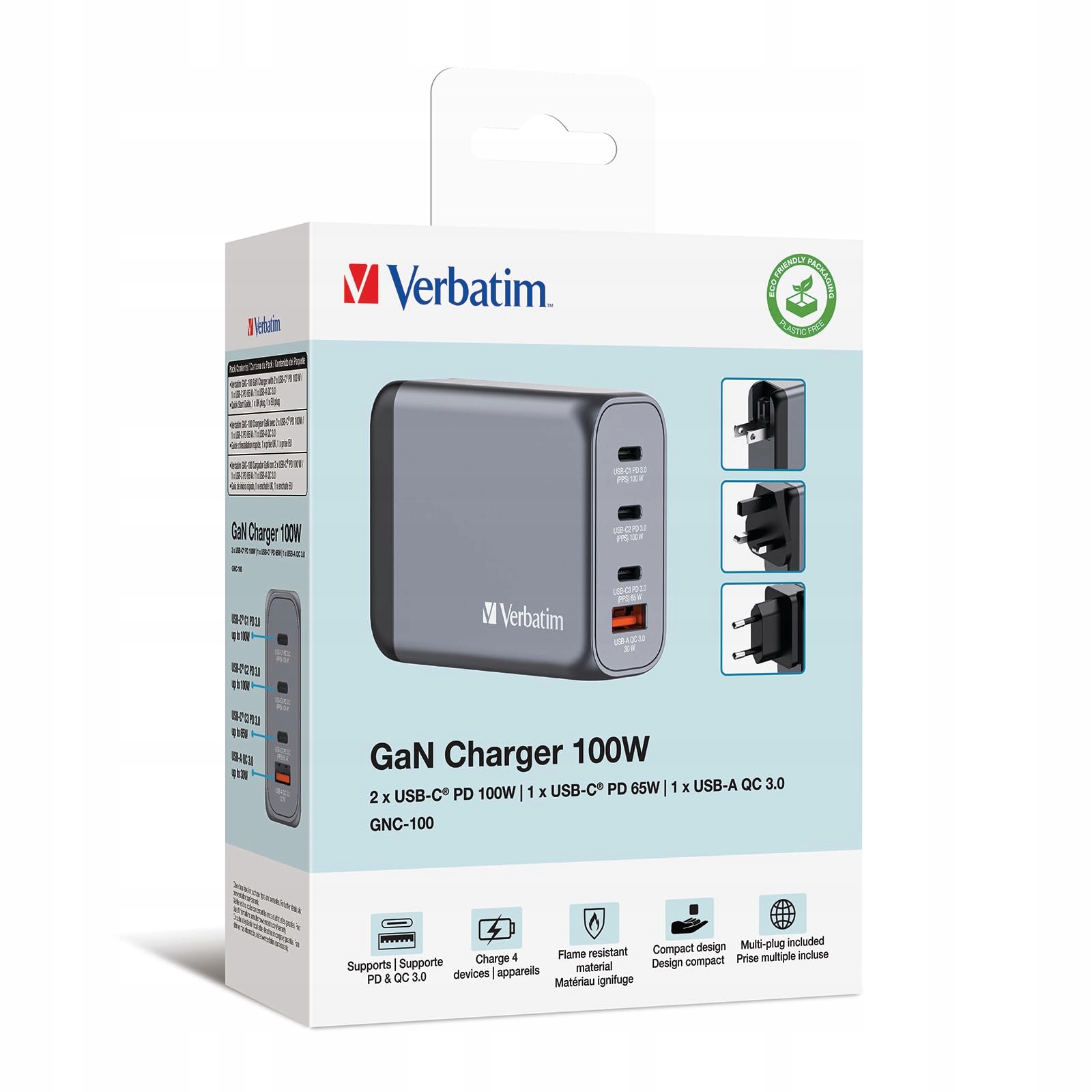VERBATIM Ładowarka GaN 100W 4 Porty USB-C Adapter Szybkie Ładowanie — miniatura 4