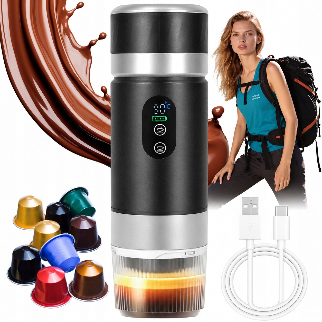 Přenosný Kávovar Na Kávu 80 ML 3V1 Turistický Bezdrátový Do Auta