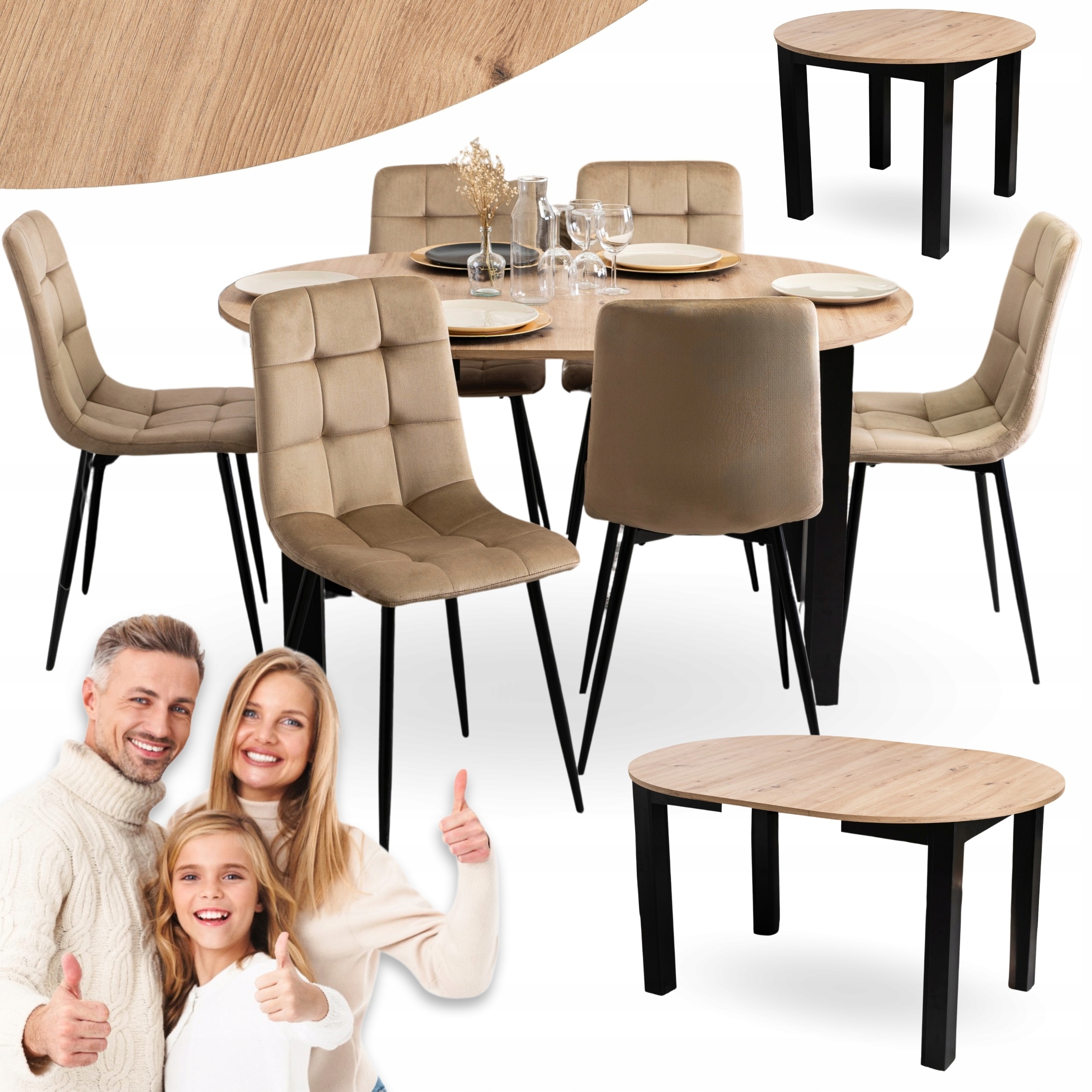 Sada rozkládacího stolu Kulatý Kuchyňská židle Sada čalouněná béžová 6x