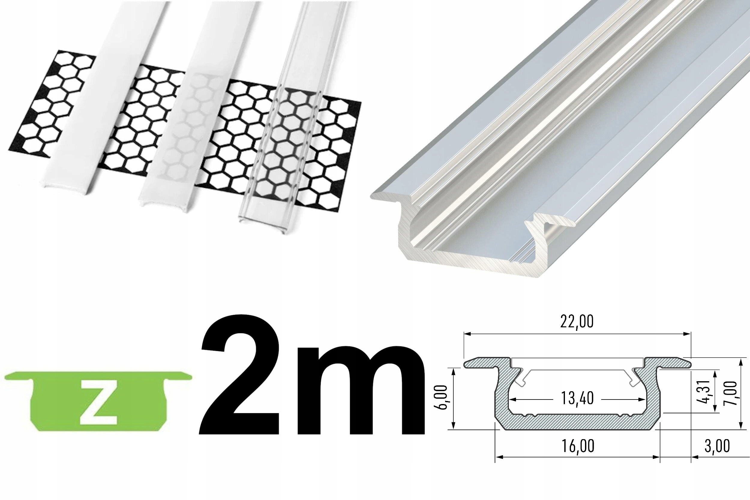 PROFIL DO TAŚMY LED aluminiowy Z +KLOSZ 2m SREBRNY