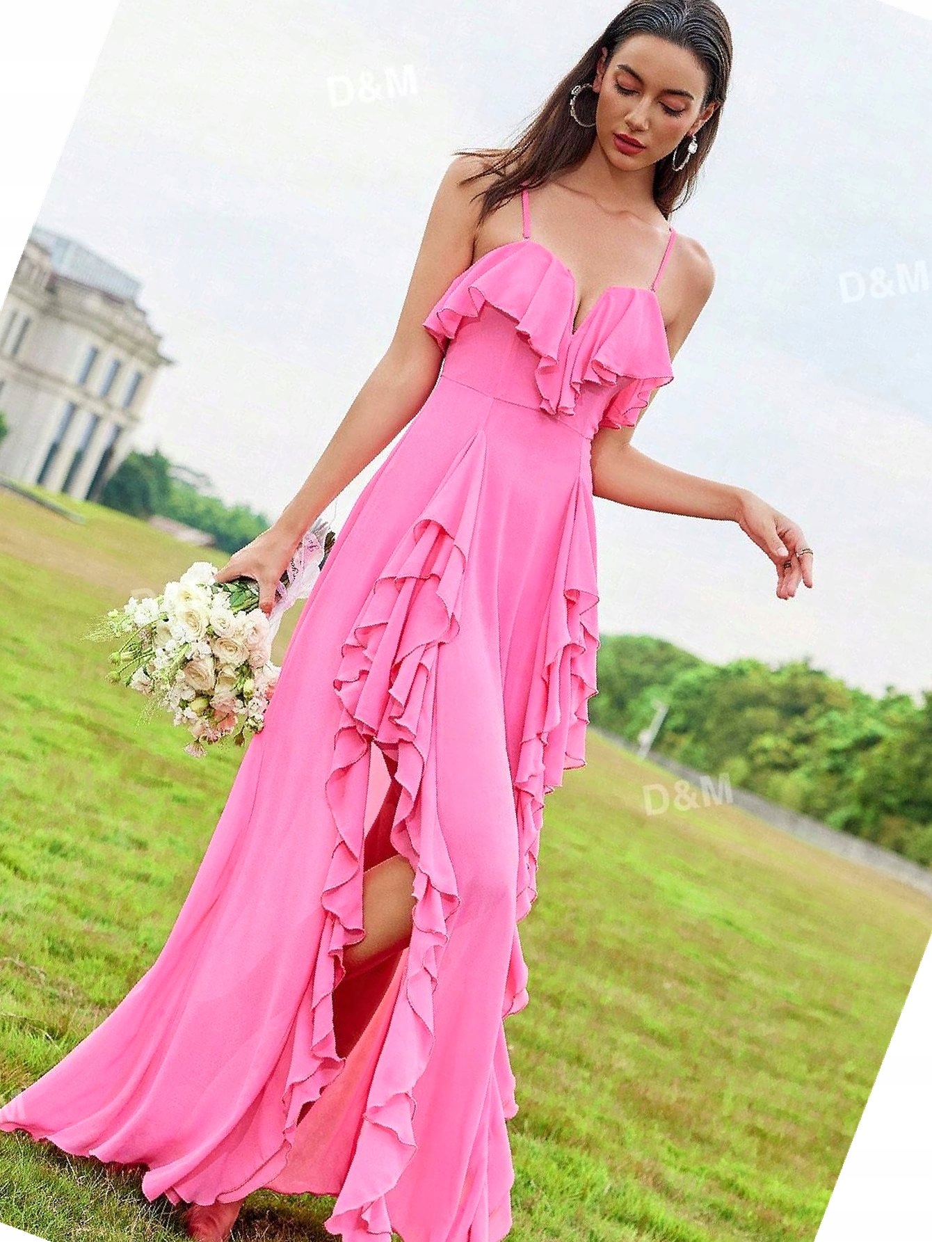 Šaty Maksi Na Ramínkách Růžová D&m Koktejlová Šifonová L 40