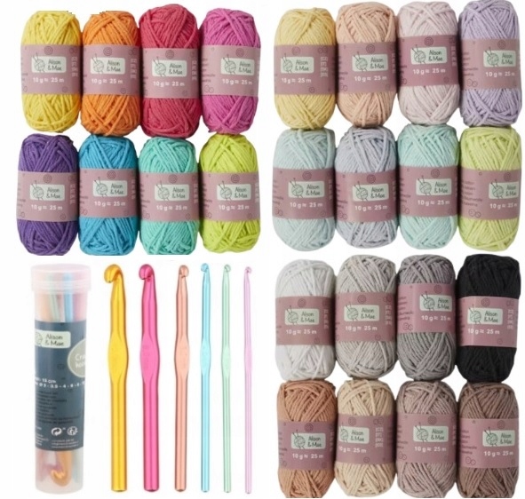 ZESTAW WŁÓCZEK BAWEŁNIANYCH 24 szt + SZYDEŁKA 6szt