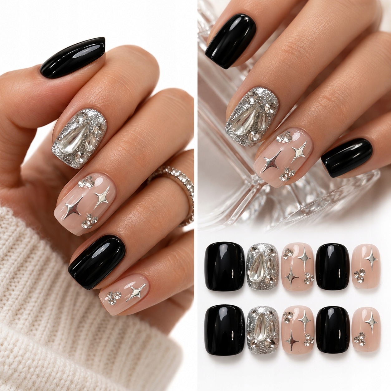 Umělé nehty Press On Nails Gelové Handmade Černé Zirkony, Xs