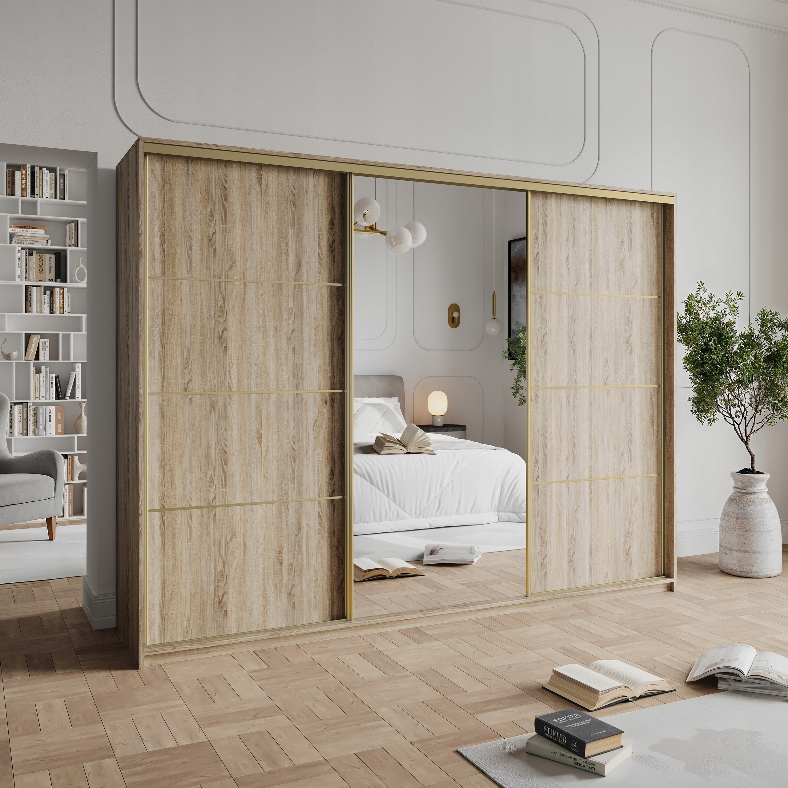 Skříň 250 cm se zrcadlem Zásuvky třídveřová Sonoma Zlatá