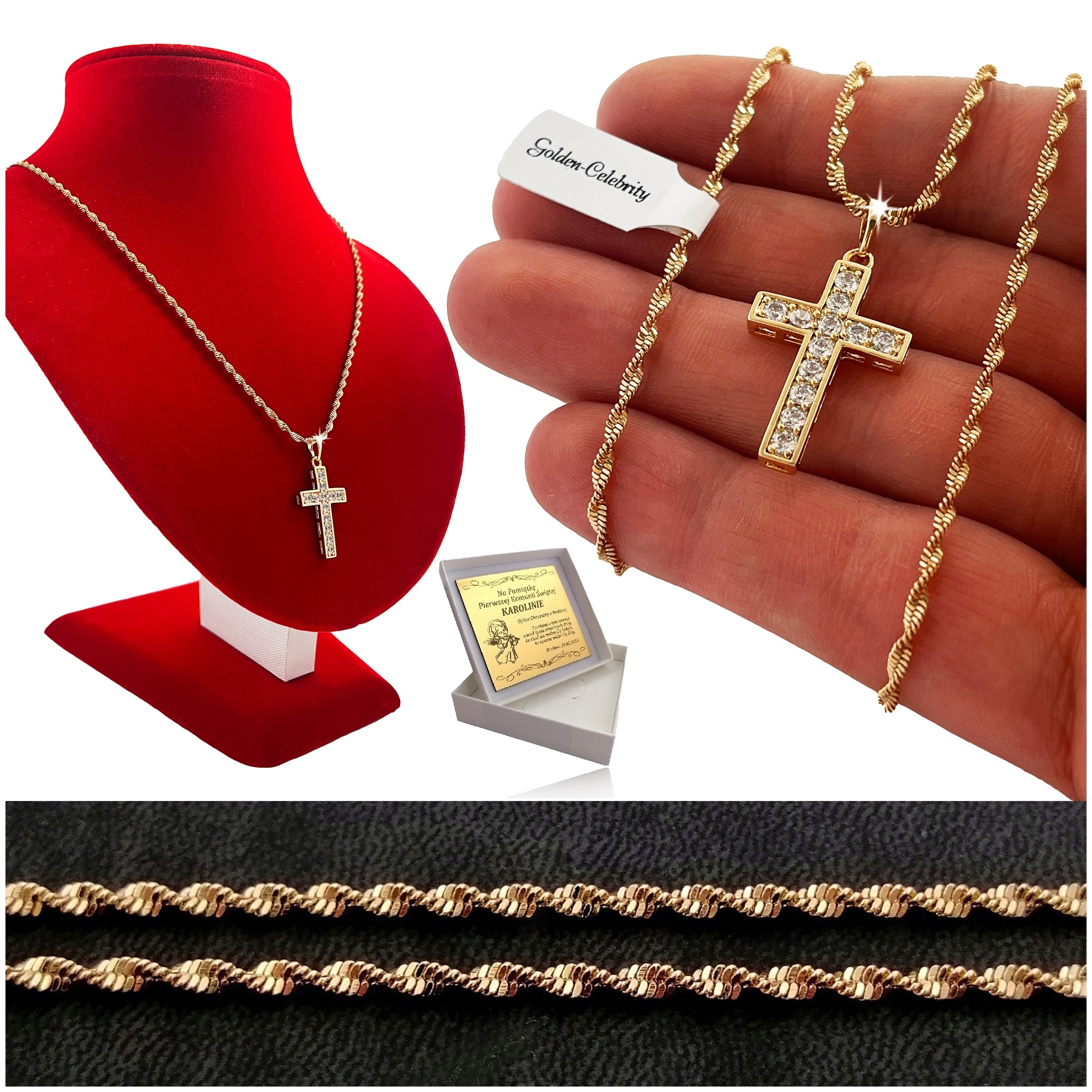 ZŁOTY ŁAŃCUSZEK + KRZYŻYK 18K STAL CHIRURGICZNA NA PREZENT + GRAWER GRATIS