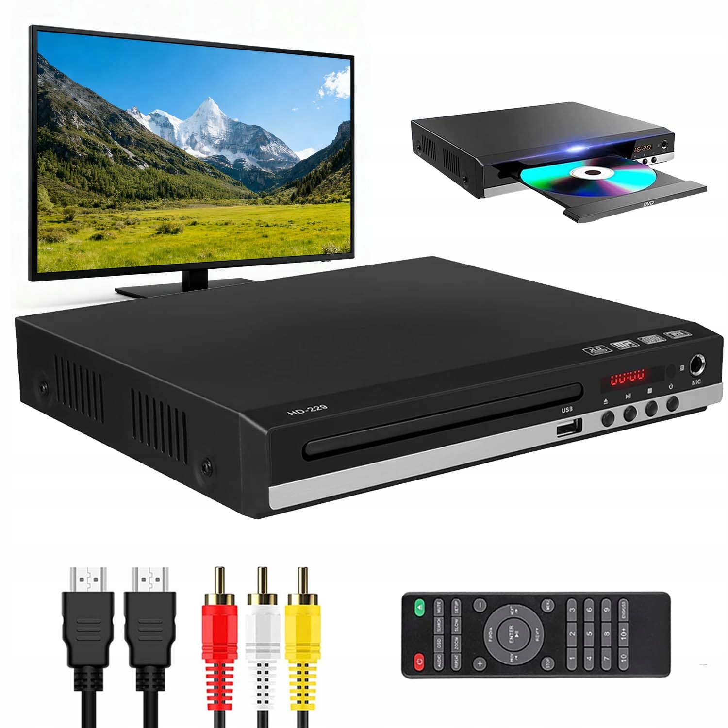 ODTWARZACZ DVD CD USB DO TELEWIZORÓW 1080P HDMI DVD-229 Z PILOT CZARNE HD