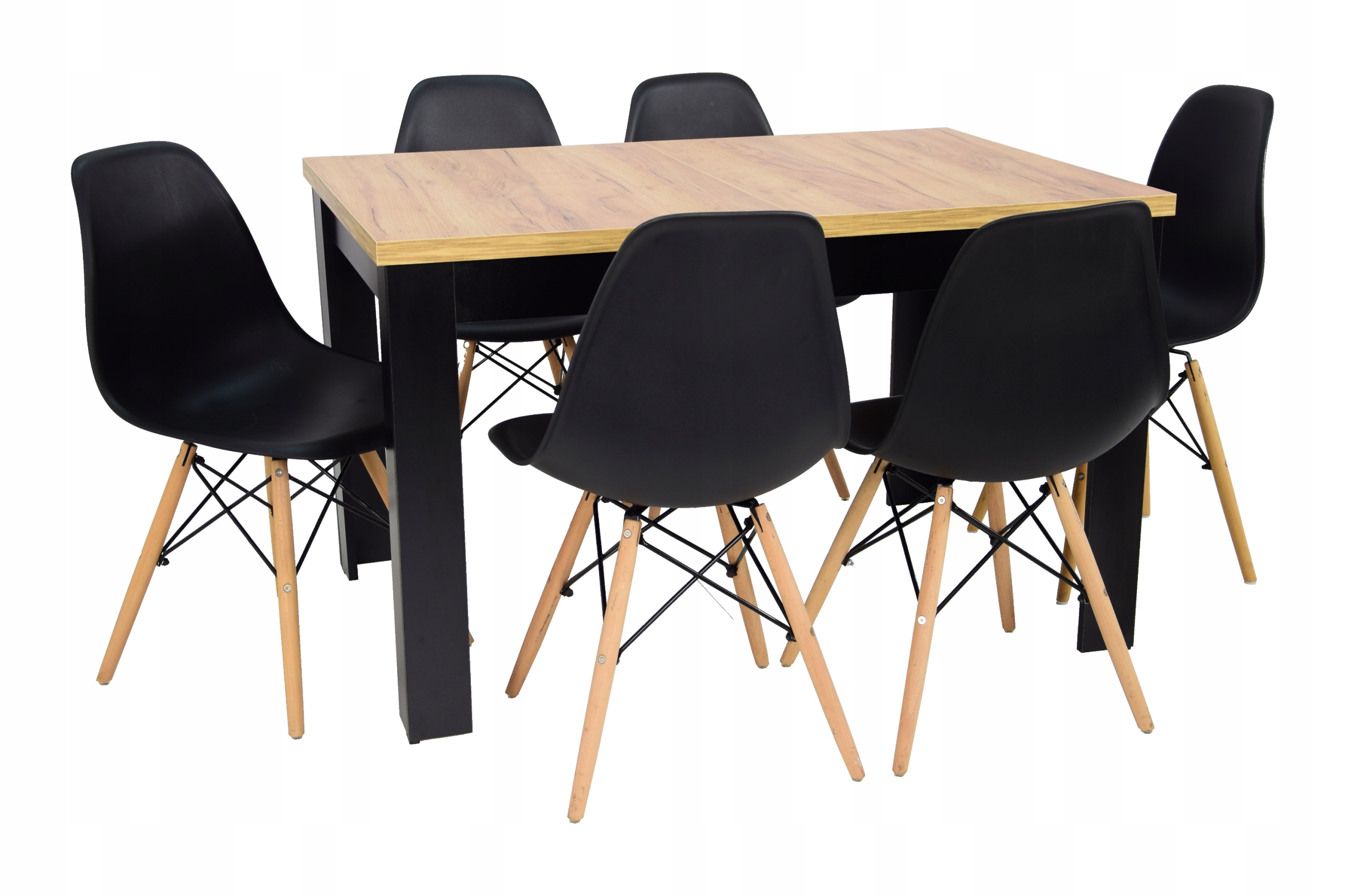 Rozkładany stół czarny blat kraft+6 krzeseł czarne