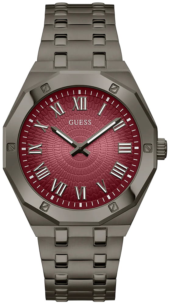 Pánské hodinky Guess Asset Shield bordó Náramek ocel šedý Logo