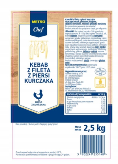 Metro Chef Kebab z filé z kuřecích prsou, zmrazený, 2,5 kg