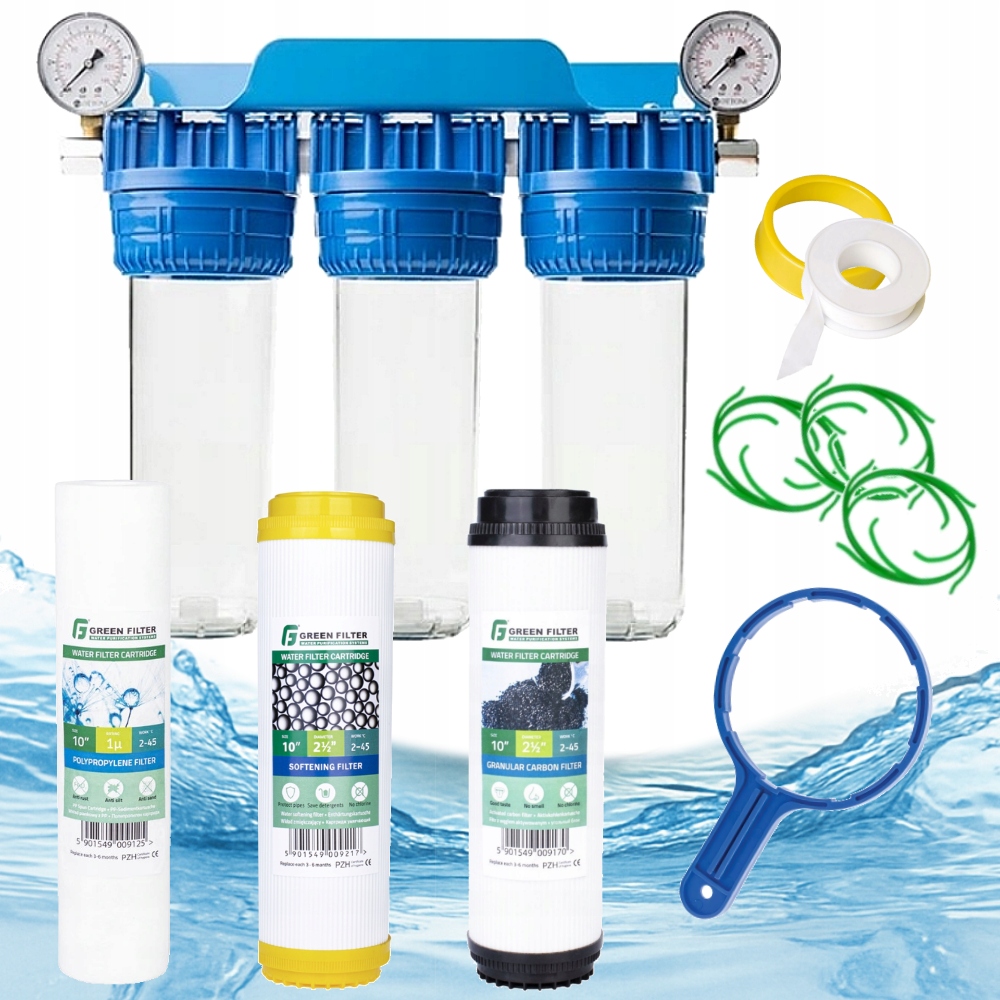 Sada vodních filtrů pro celý dům, 3 stupně, 3 filtrační vložky pro manometry