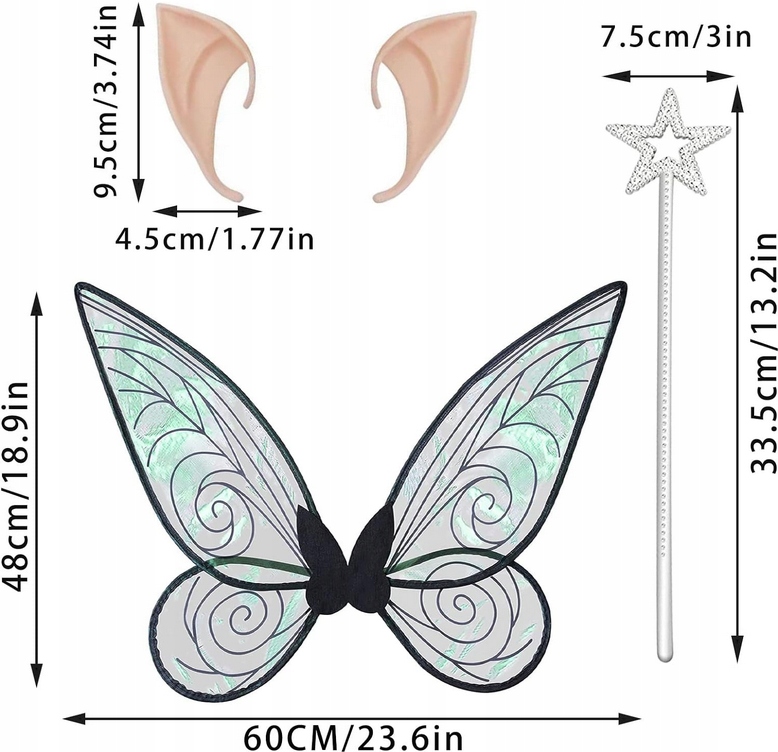 Zestaw skrzydeł wróżki METALICZNE + różdżka silikonowe uszy KOSTIUM STRÓJ Marka inna marka