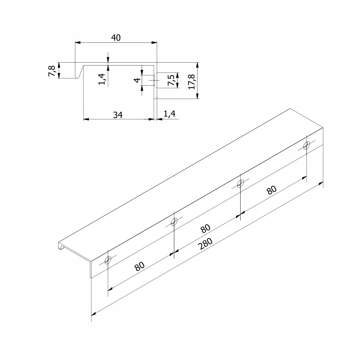 Uchwyt meblowy krawędziowy BIAŁY MAT 280mm Szerokość produktu 4 cm