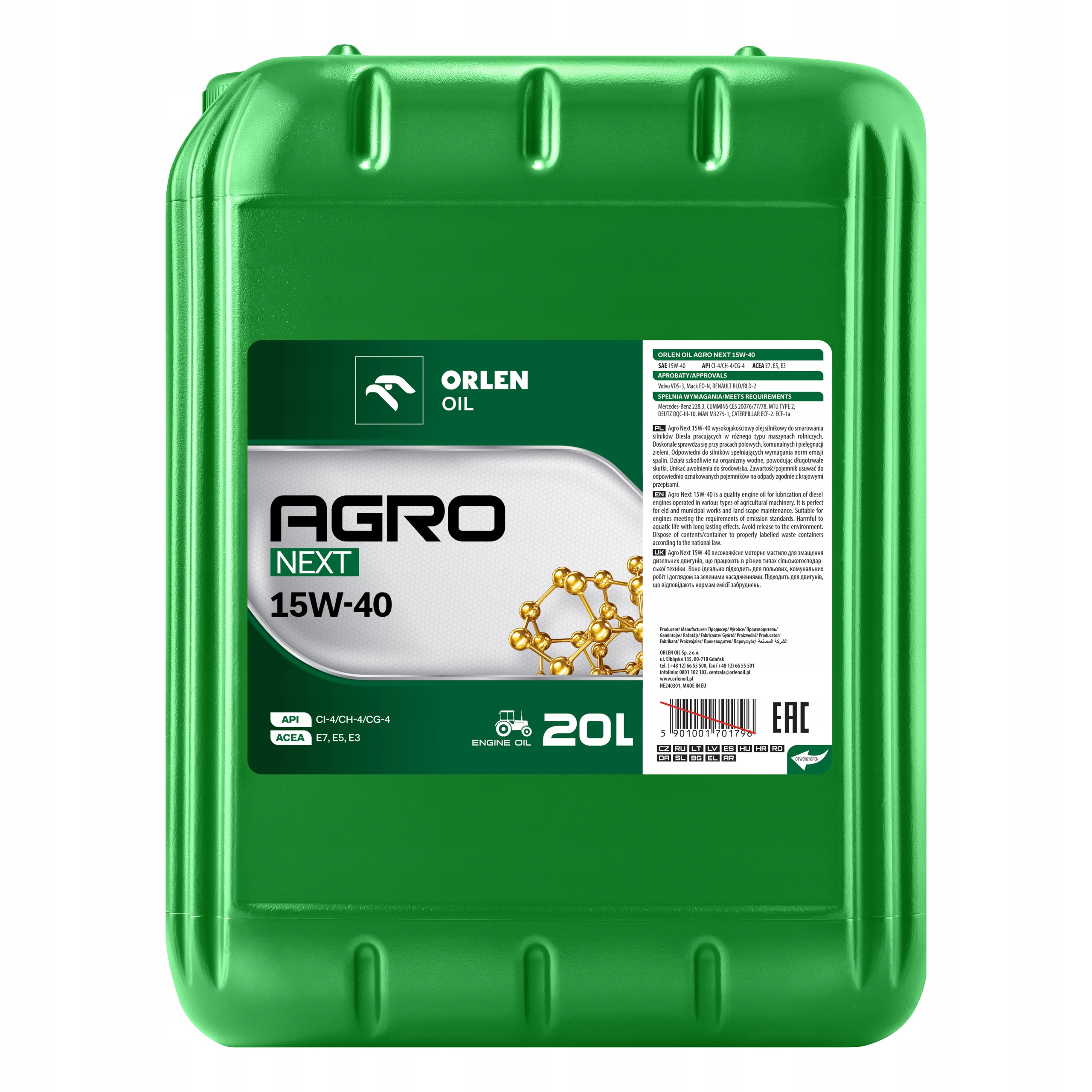 Olej Silnikowy Mineralny Wysokojakościowy Orlen Oil Agro Next 15W-40 20L